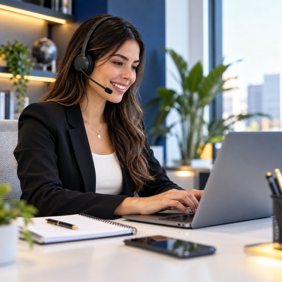 Virtual assistant working at a laptop